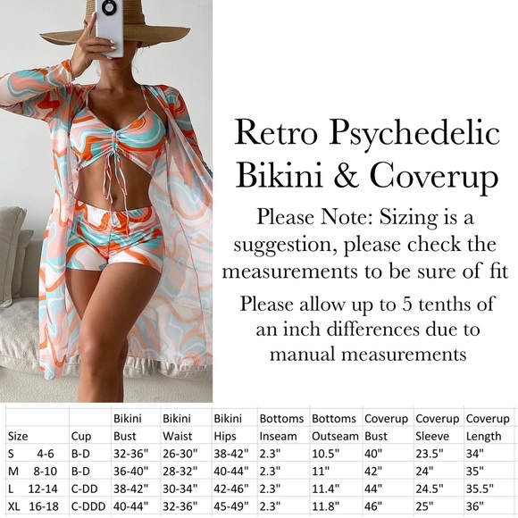 Retro 3 Pcs Set Orange Blue White Psychedelic Bikini & Coverup - Picture 15 of 15